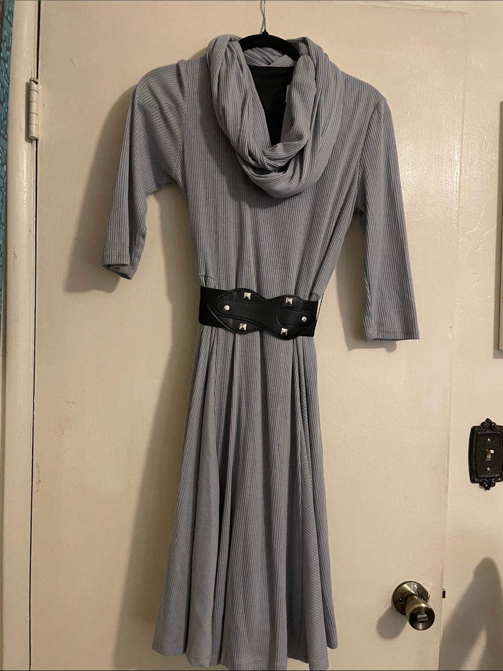 Bethany  Light Gray Ribbed Long Sleeve Dress with Matching Scarf